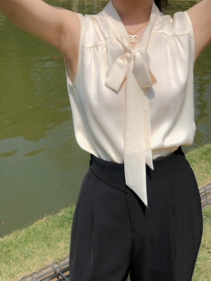 内搭宽松打底衫 法式 外穿背心通勤西装 v领衬衫 上衣 飘带醋酸缎无袖