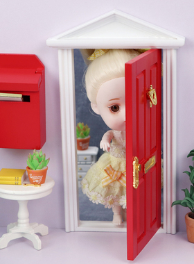 1:12娃娃屋dollhouse迷你家具diy微场景模型红色尖顶门彩色信箱