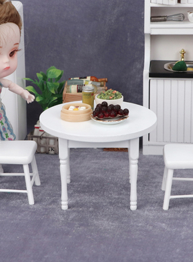 1:12娃娃屋DOLLHOUSE迷你家具厨房3件套 白色迷你餐桌 小清新餐椅