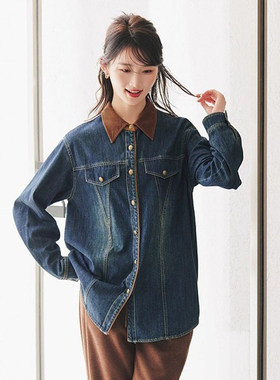 风笛 2024冬复古牛仔衬衫衬衣显瘦polo领上衣外套1E45500原839