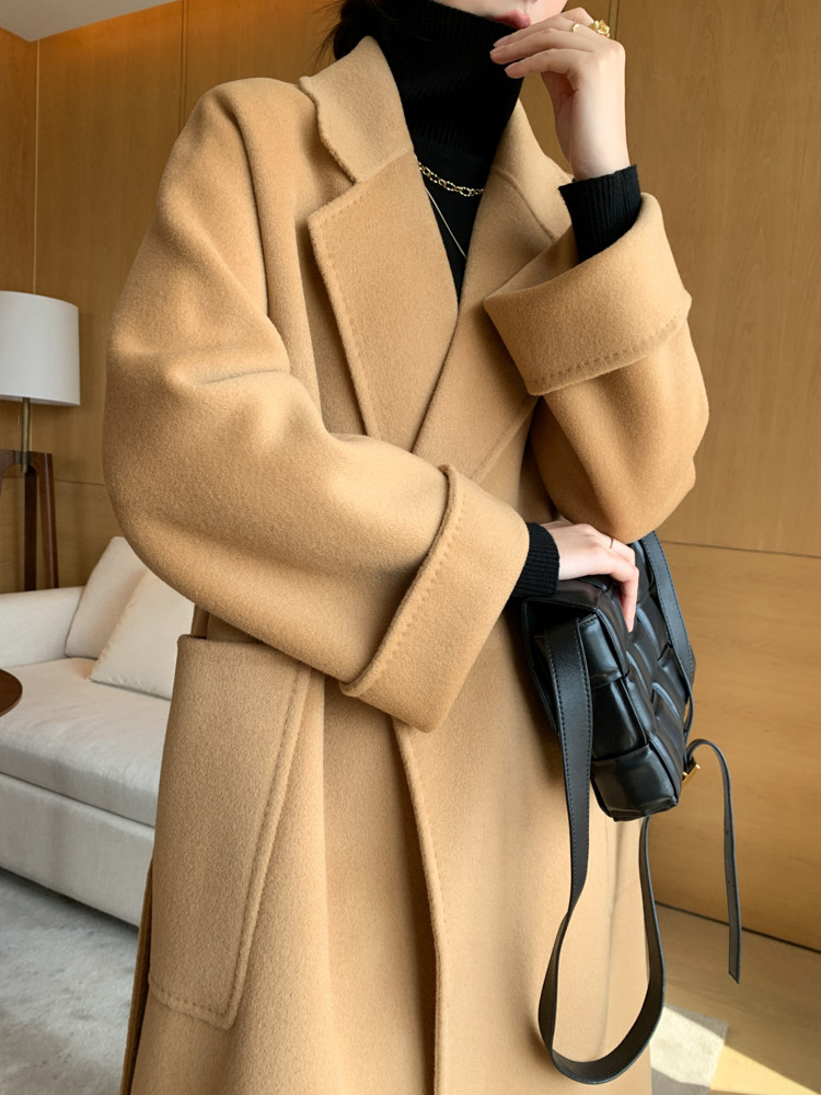 2021年秋冬新款双面羊绒大衣女高端加厚水波纹中长款羊毛呢子外套