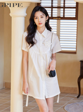 风笛 2022夏连衣裙女简约休闲短袖微弹衬衫裙1B25316原899