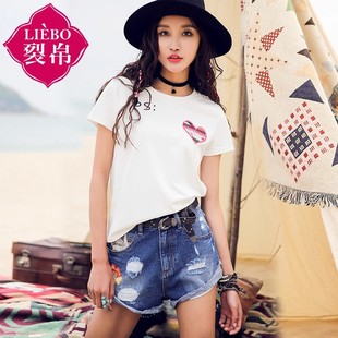裂帛夏装新款服饰中腰刺绣破洞短裤外翻牛仔裤女清仓26码