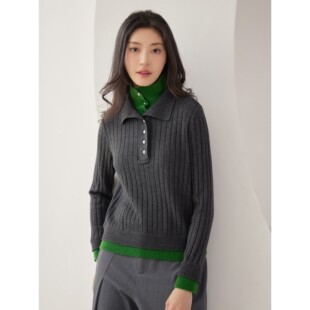 杨门秋冬新款假两件翻领高领毛衣女设计感双层领长袖针织衫上衣女