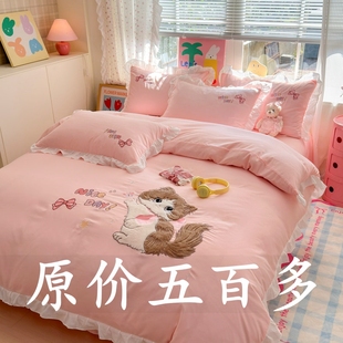 ins卡通炸毛小猫纯棉四件套1.5m1.8米学生全棉床单被套宿舍三件套
