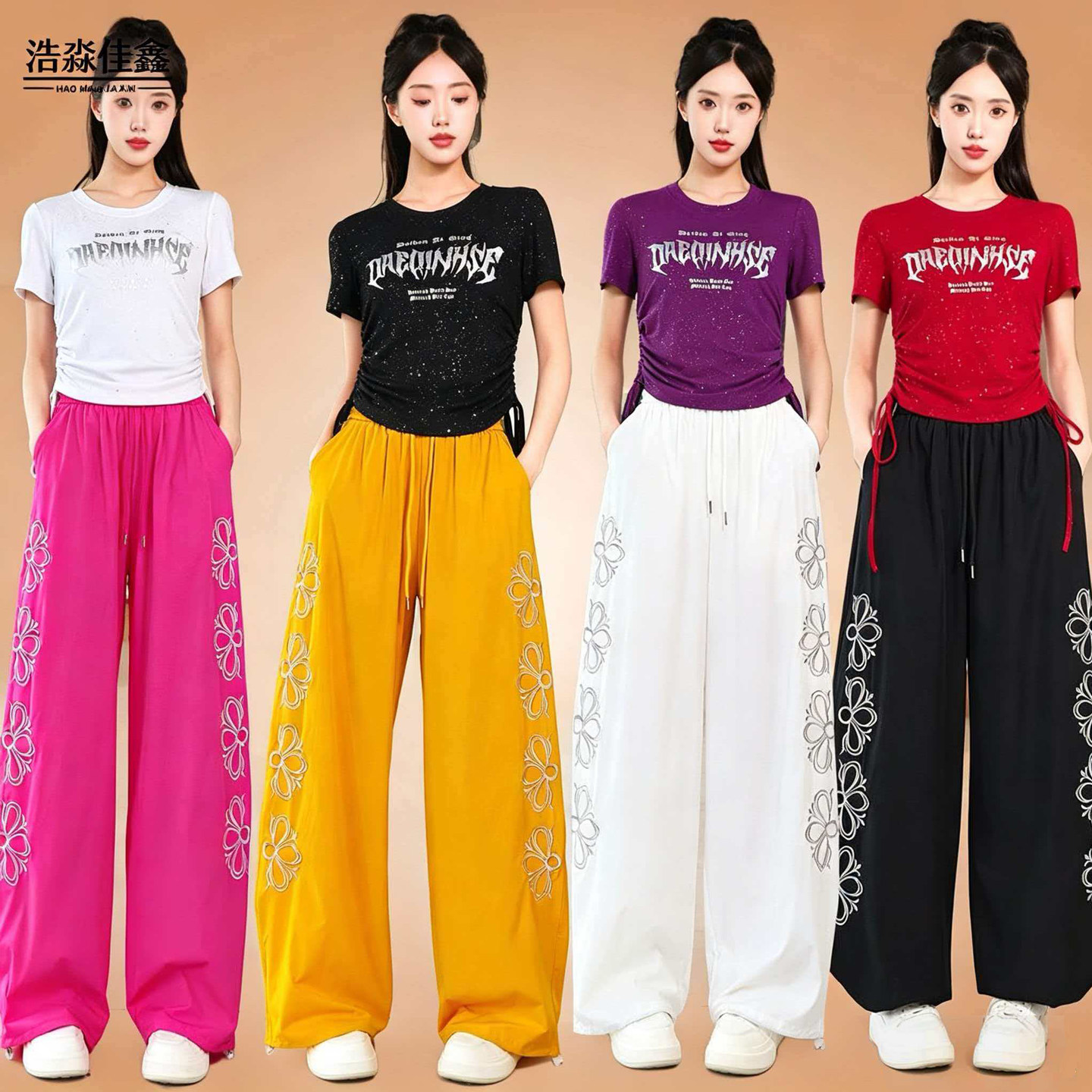 夏季冰丝阔腿裤广场舞抽绳短袖女