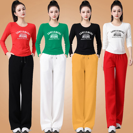 广场舞服装女春秋新款纯棉长袖上衣时尚运动服跑步健身操跳舞套装