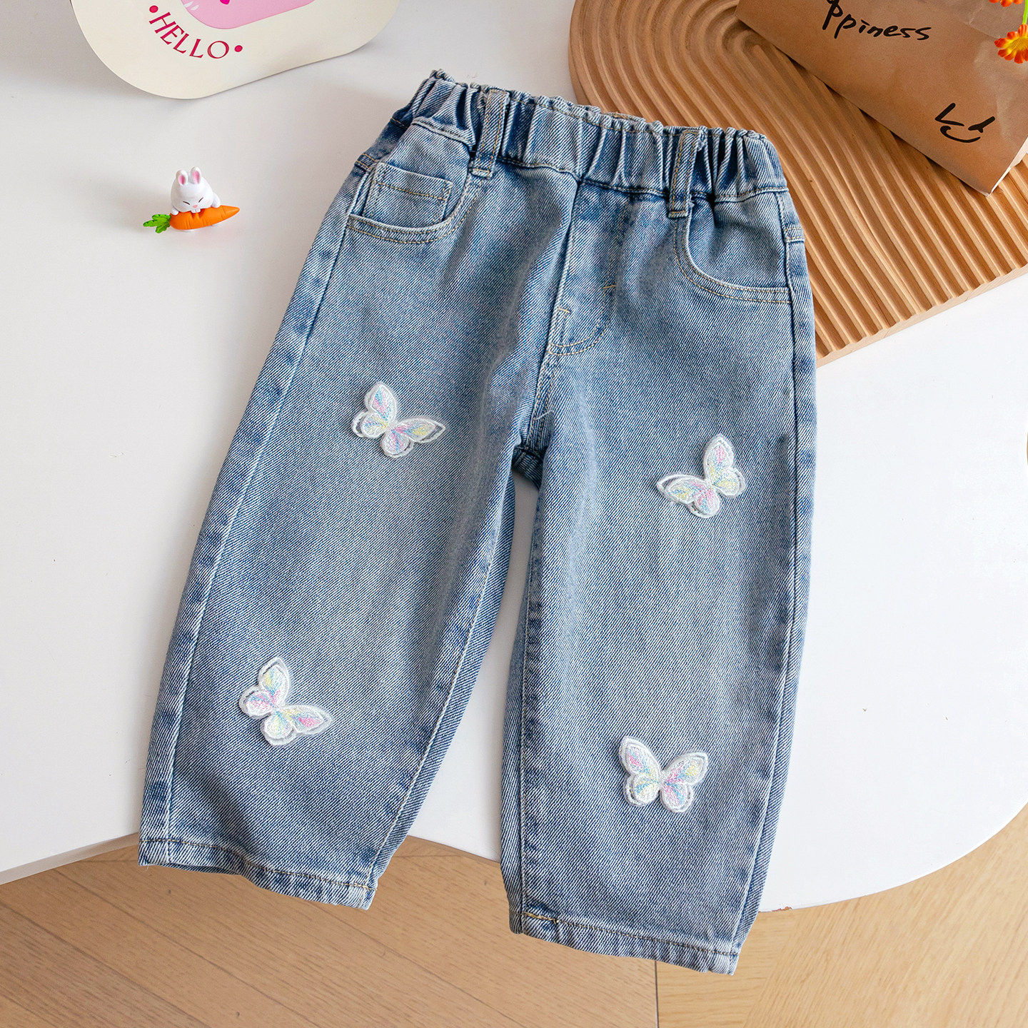 女童蝴蝶刺绣牛仔阔腿裤水洗软牛仔宽松百搭春秋长裤
