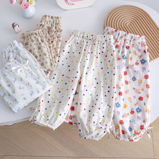 鸢禾女童夏季韩版波点碎花防蚊裤2025新款儿童洋气束脚灯笼宽松裤