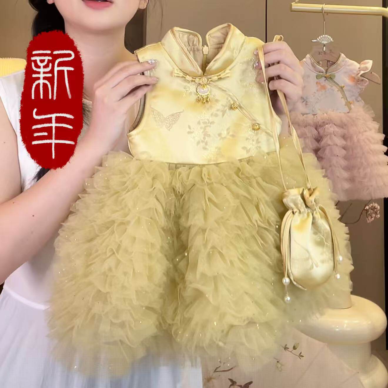 女童汉服秋冬新款国风金色宝宝周岁礼服裙套装宝宝新中式国风裙子,童装/婴儿装/亲子装,旗袍,淘宝优惠券,粉丝福利购,淘宝优惠卷