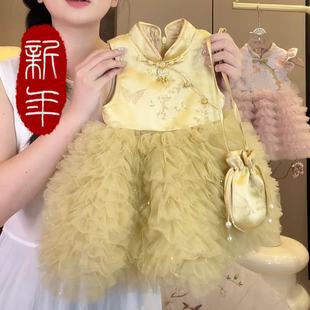 女童汉服秋冬新款国风金色宝宝周岁礼服裙套装宝宝新中式国风裙子