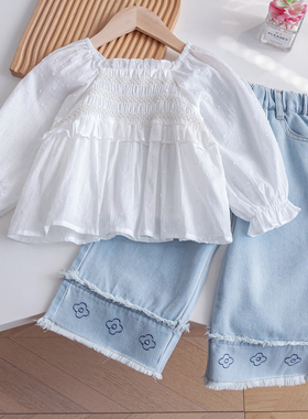 女童2025新款春装白色衬衣+直筒牛仔阔腿裤两件套韩版小清新套装