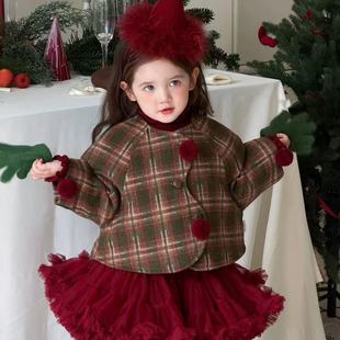 保暖加厚毛球装 冬季 饰外套裙子两件套 女童格纹棉服套装 韩版