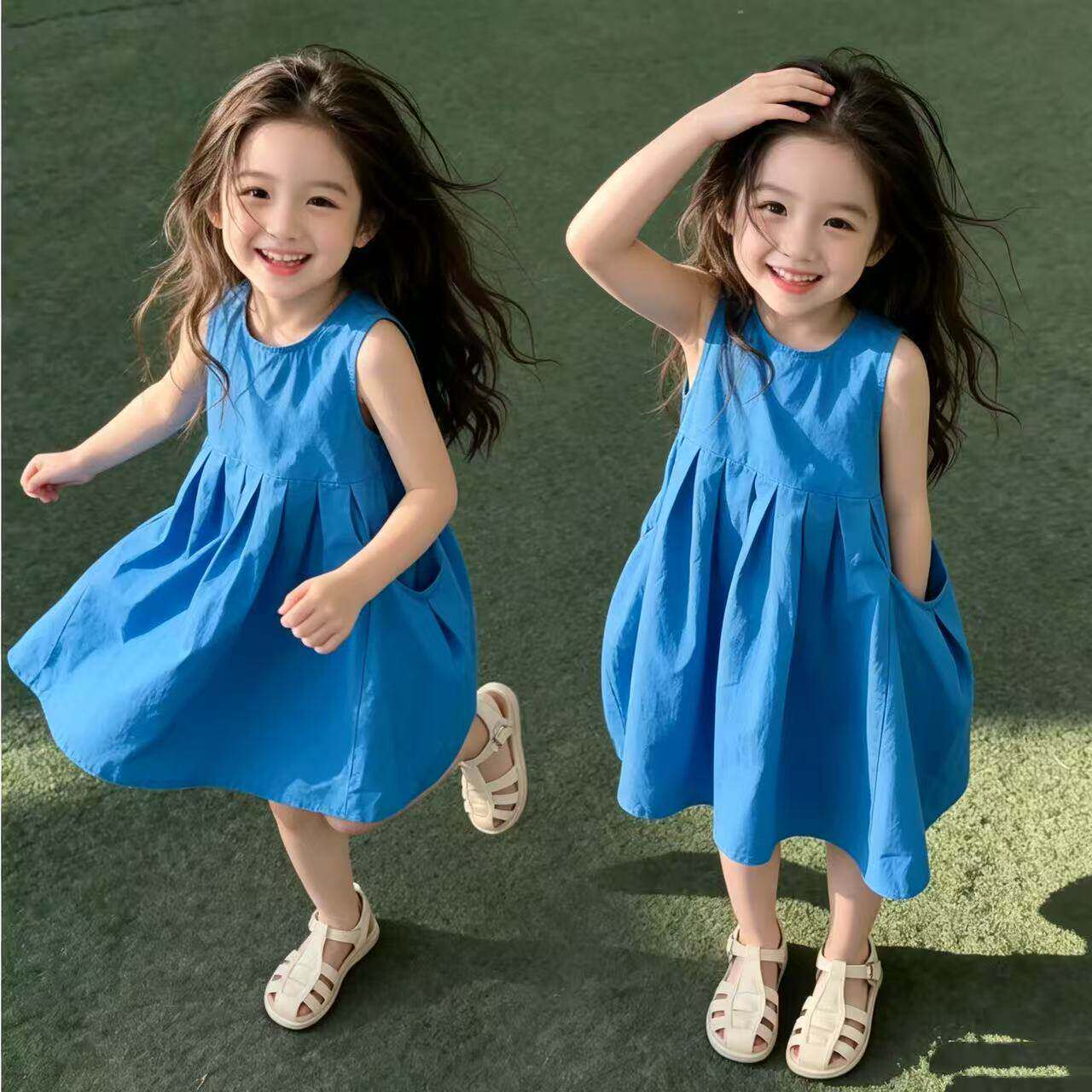 2026新款女童夏季无袖A字连衣裙蓝色纯棉中长裙薄款公主裙