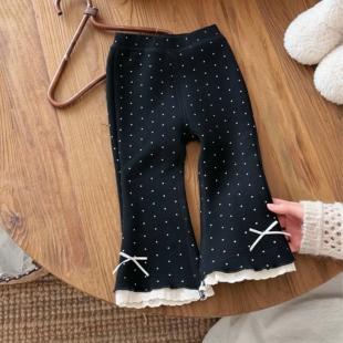 女童波点花边加绒喇叭裤女宝宝秋冬圆点蝴蝶结加绒修身洋气长裤子