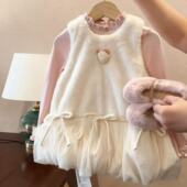 女童连衣裙秋冬宝宝周岁裙子公主裙女孩洋气蝴蝶结毛绒背心裙套装