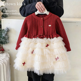 公主连衣裙两件套 2025新款 女童红色针织开衫 蛋糕裙套装