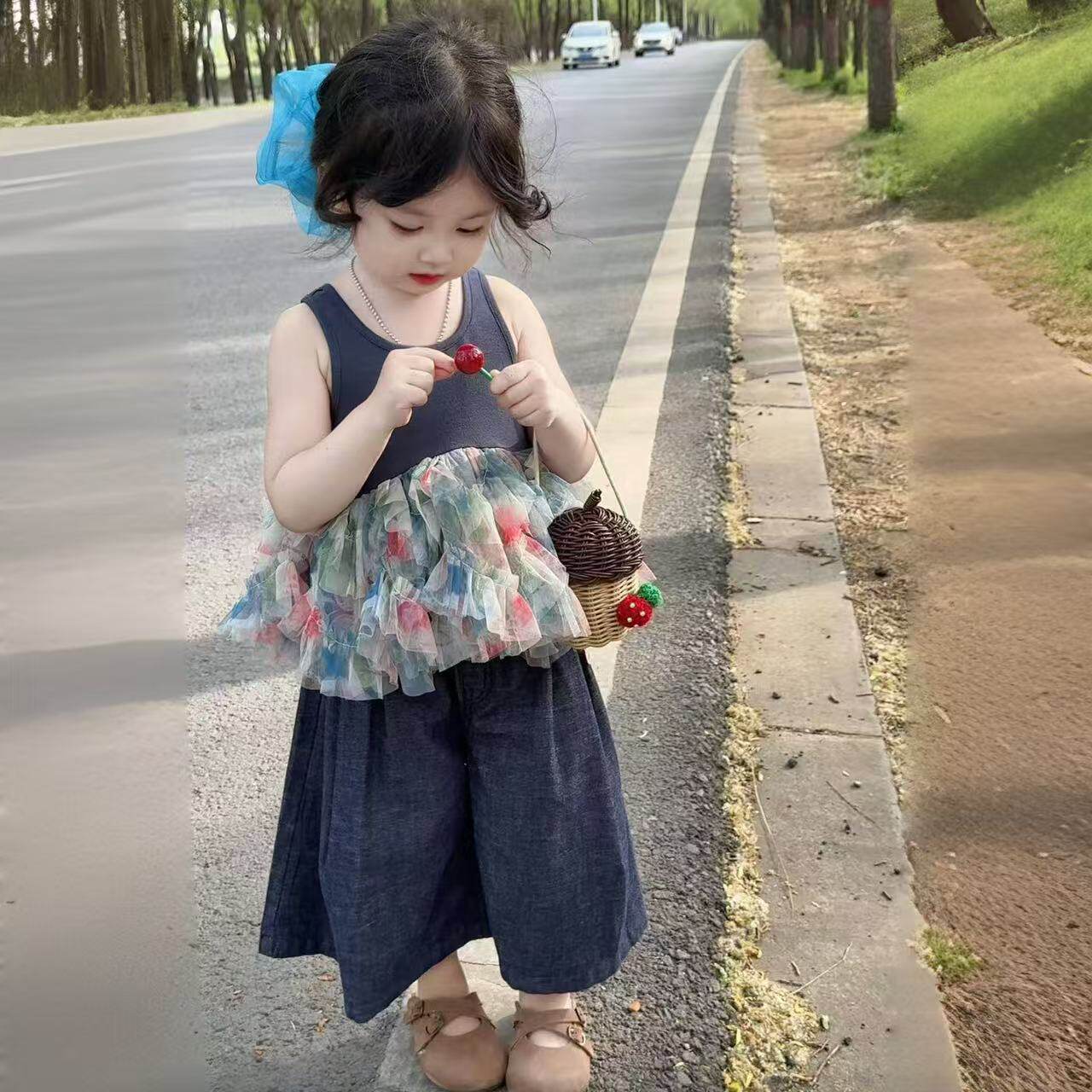 女童洋气吊带背心网纱拼接套装