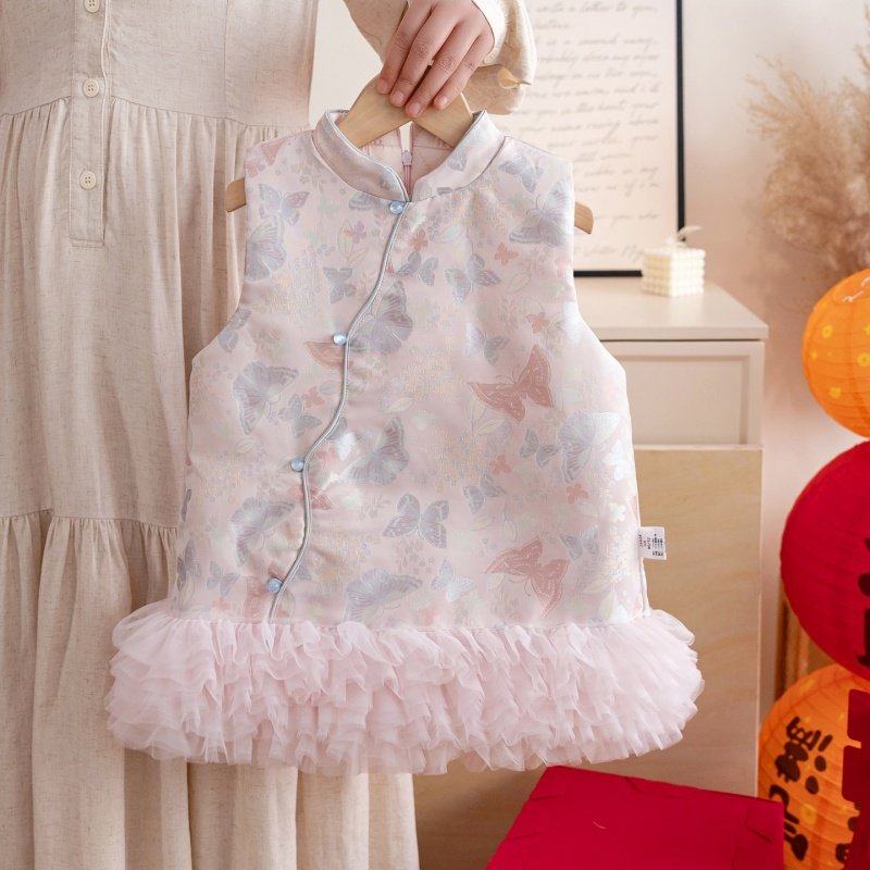 女童新中式古风旗袍裙冬季加厚无袖背心裙粉色公主裙