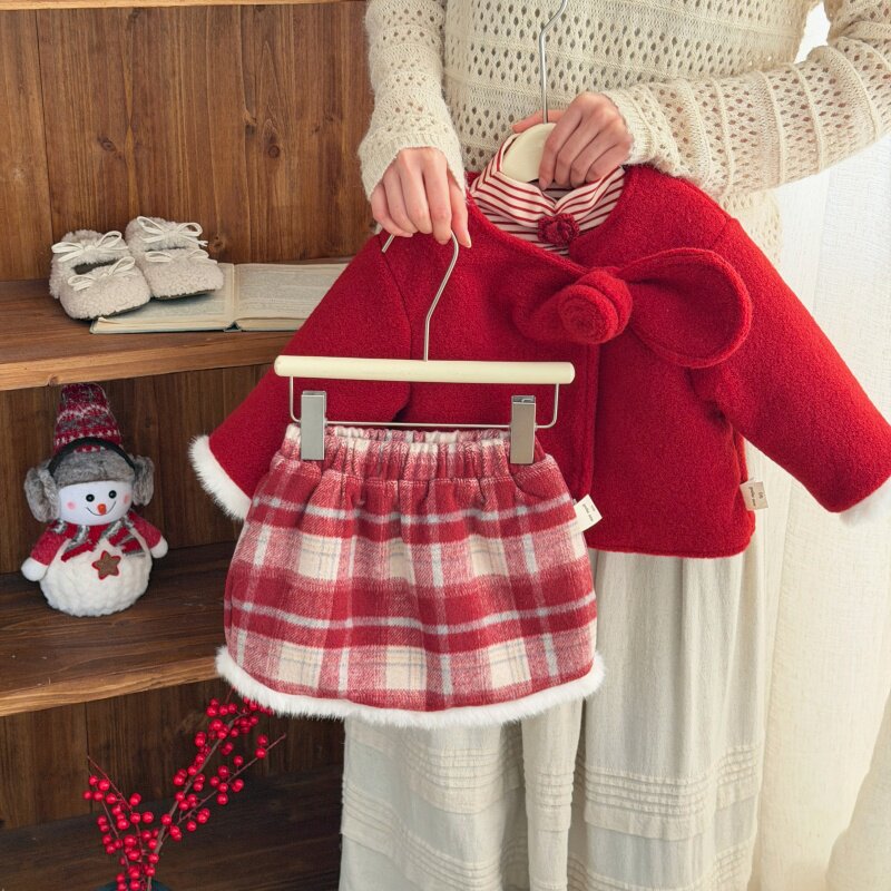 小香风女童红色格纹两件套冬季加厚保暖外套半身裙套装,童装/婴儿装/亲子装,套装,淘宝优惠券,粉丝福利购,淘宝优惠卷