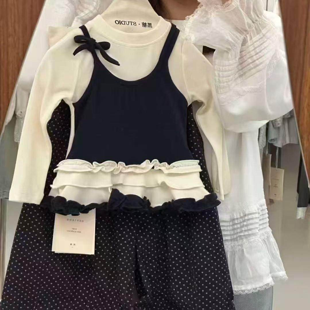 女童长袖打底衫春秋女孩吊带拼接T恤波点阔腿裤叠穿套装