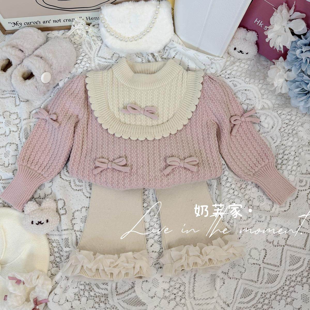 女童花边蝴蝶套头加厚毛衣儿童公主上衣+微喇花边裤套装,童装/婴儿装/亲子装,毛衣/针织衫,淘宝优惠券,粉丝福利购,淘宝优惠卷