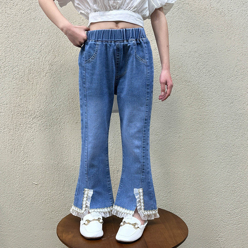 女童牛仔喇叭长裤春秋季新款弹力修身花边洋气儿童裤子中大童潮流