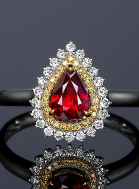 欧美高端珠宝女士气质水滴形仿真红宝石分色硞石镶钻甜美镀金戒指