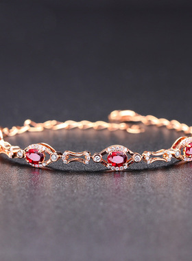 欧美女生低奢红水晶仿红碧玺手链镶满钻红宝石镀玫瑰金甜美手链