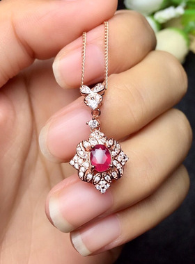欧美高端珠宝女士时尚甜美仿真红碧玺硞石镶满钻吊坠镀玫瑰金项链
