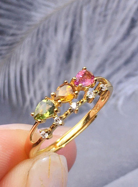 欧美高端珠宝少女学生简约甜美仿真彩色碧玺彩宝红宝石镀黄金戒指