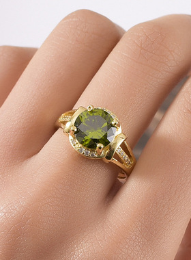 欧美高端珠宝女士时尚气质橄榄绿闪钻镀18K黄金色镀玫瑰金戒指