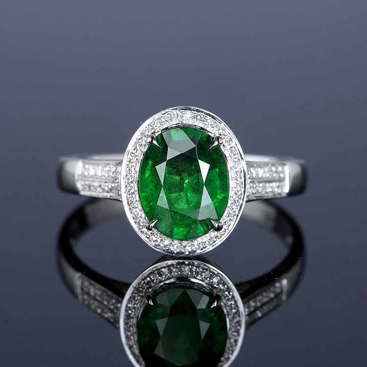 欧美高端珠宝女士椭圆形仿真祖母绿碧玺硞石镶钻镀白金戒指钻戒