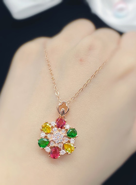 欧美高端珠宝少女甜美仿真彩虹碧玺糖果彩色镶钻吊坠镀玫瑰金项链