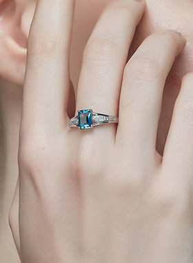 欧美高端珠宝女朋友结婚钻戒仿真长方形蓝碧玺硞石镶钻镀白金戒指