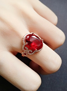 少女学生仿红碧玺红水晶镀玫瑰金甜美戒指名媛风红宝石高级钻戒