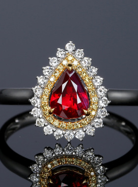欧美高端珠宝女士时尚甜美水滴形仿真红宝石硞石镶钻分色镀金戒指