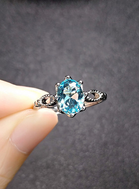 欧美时尚仿海蓝宝戒指镀白金气质蓝水晶钻戒女朋友结婚生日礼物