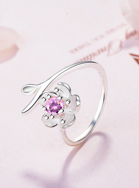大学生甜美樱花戒指韩版简约气质硞石镶钻花朵戒指礼物开口可调节