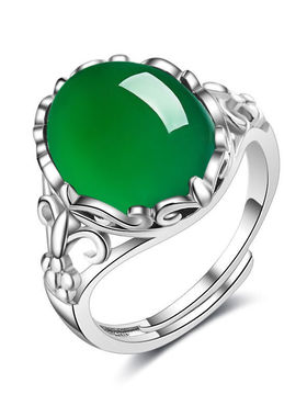女士高端珠宝仿真绿玛瑙镶嵌玉髓祖母绿红色宝石镀白金戒指可调节