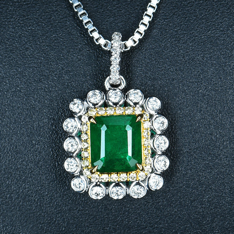 欧美高端珠宝女士仿真祖母绿碧玺方形分色硞石镶钻吊坠镀白金项链