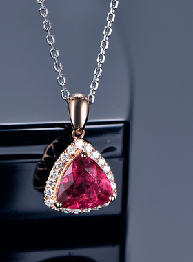 欧美高端珠宝女士三角形时尚仿真红碧玺镶钻吊坠镀玫瑰金色项链