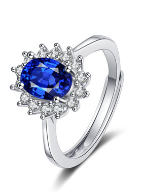 欧美新款海洋之心蓝色宝石硞石微镶戒指彩宝可调节戒指生日礼物女