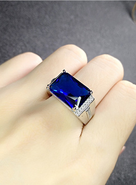 男士戒指霸气皇家蓝宝石方形戒指简约仿蓝水晶锆石镶钻镀白金戒指