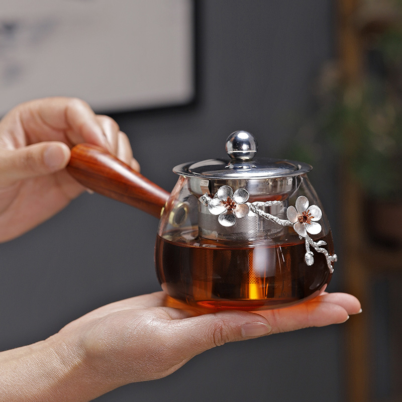 玻璃侧把茶壶带不锈钢梅花泡茶壶