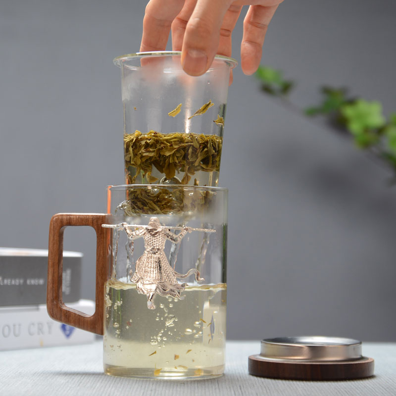 茶水分离侧把玻璃水杯锡饰办公室高档个人专用男士泡茶杯观山水杯