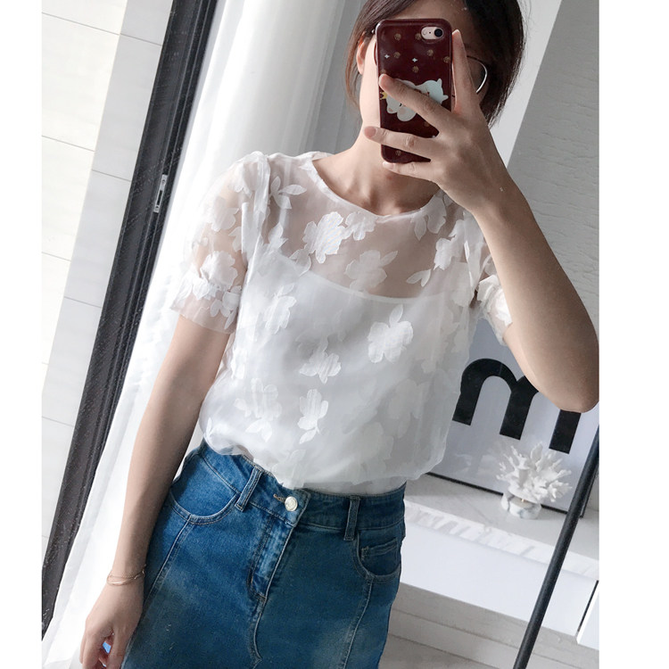 特价清仓 亏本 欧根纱蕾丝短袖 甜美植绒绣花仙透视上衣两件套在类目 女装/女士精品, 蕾丝衫/雪纺衫中 - 来自Buy2taobao.com提供专业的淘宝代购服务
