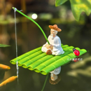 水面漂浮竹排竹筏姜太公钓鱼翁摆件熊猫垂钓庭院鱼池鱼缸造景装 饰