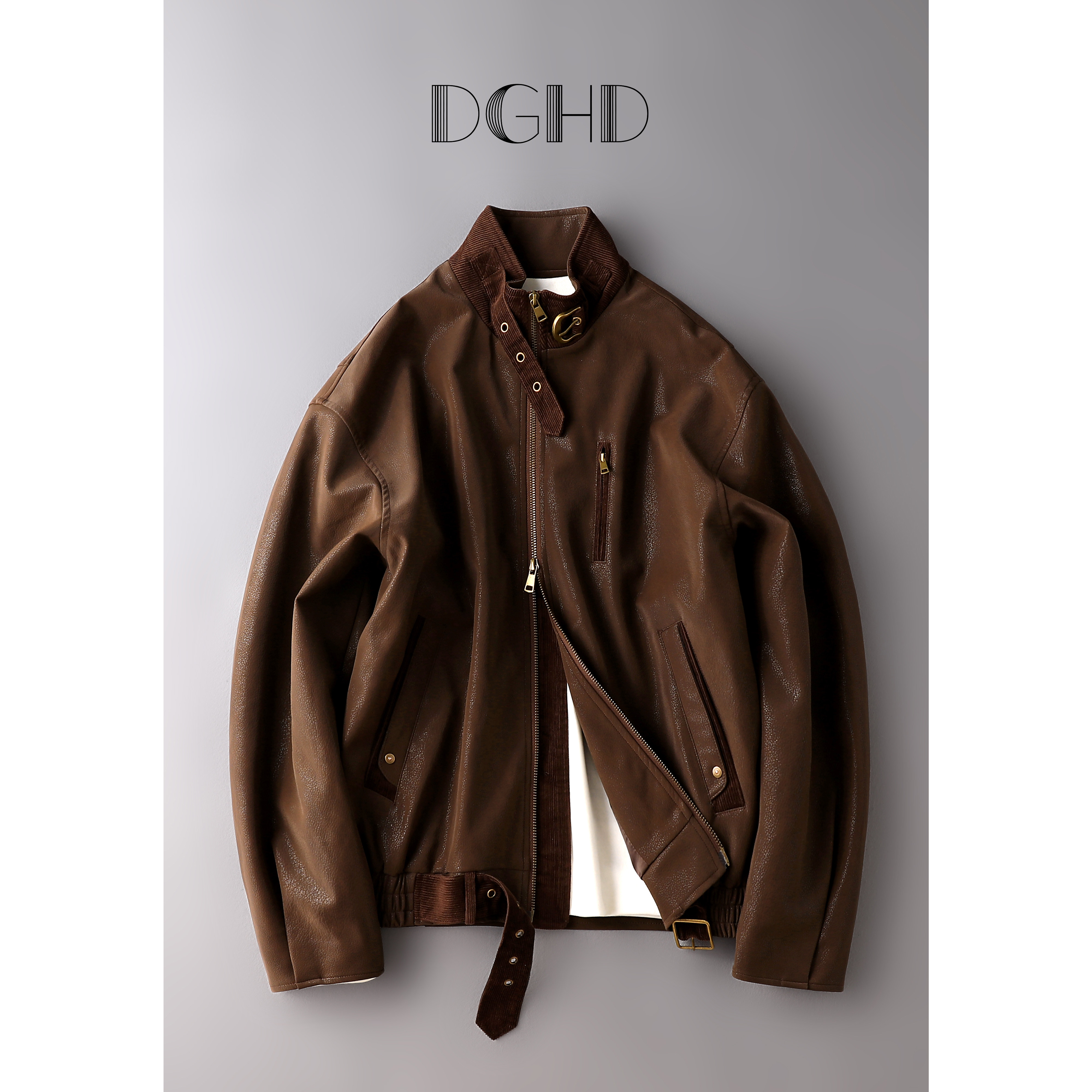 DGHD 海宁皮衣男cityboy秋季新款宽松机车流行复古棕色夹克皮外套