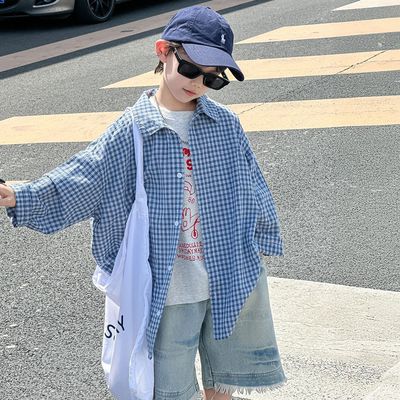 男童夏季套装儿童夏款韩版长款防晒空调服毛边牛仔短裤格子衬衫